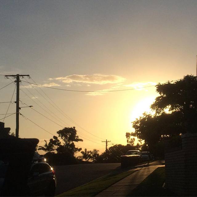 Sun hides behind the trees #sunset #lowsun #longshadows #silhouette #streetscene #nofilter #365